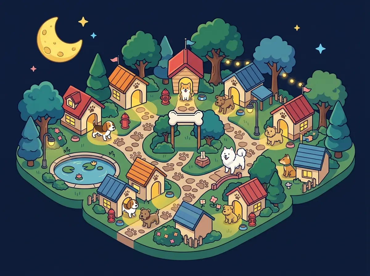Bird's-eye illustrated map of Doggo Land, a village of doghouses at night